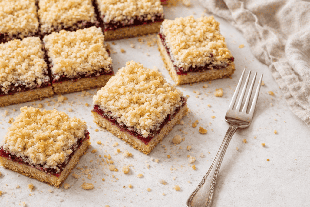 Raspberry crumble bars with a buttery crust and crumb topping, perfect for dessert or tea time.