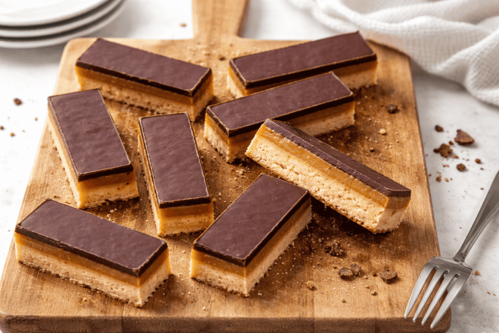 Chocolate layered dessert bars with a smooth chocolate topping and creamy filling.