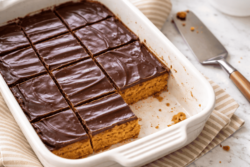 Delicious chocolate peanut butter bars with a smooth, glossy chocolate topping and a rich, creamy pe.