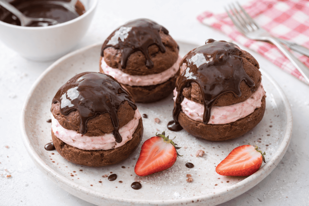 Chocolate profiteroles with strawberry filling and chocolate drizzle.