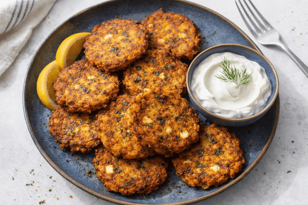 Crispy crab cakes served with lemon wedges and dill-infused sour cream on a dark ceramic plate.