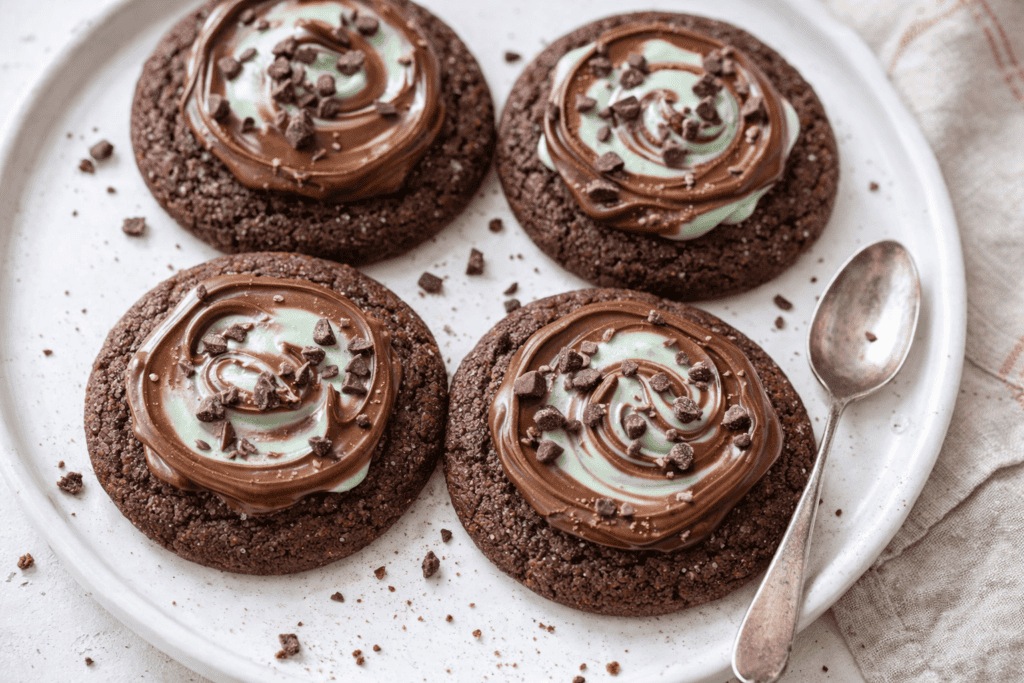 Chocolate mint cookies with swirled chocolate and mint frosting, topped with chocolate shavings.