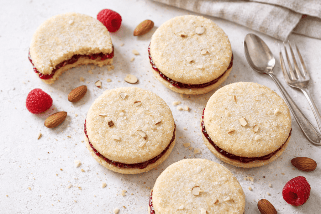 Raspberry jam sandwich cookies with almond toppings on a white surface.