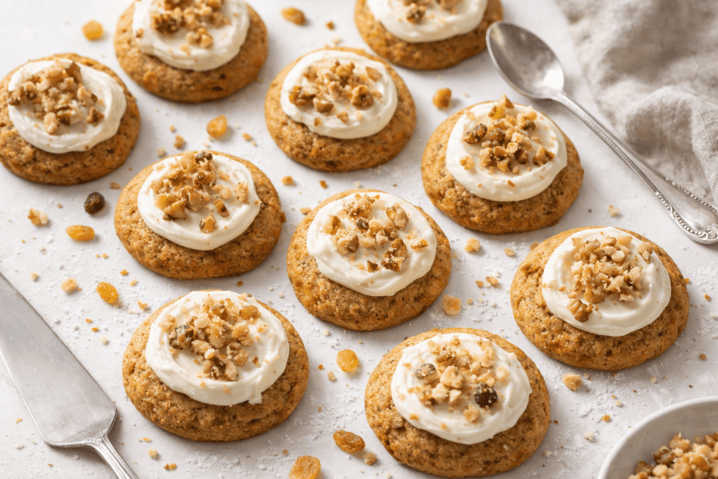 Delicious nut cookies topped with creamy frosting and crunchy nuts. Perfect for snacks or desserts.
