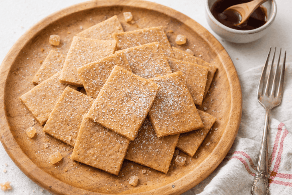 Delicious homemade shortbread cookies dusted with sugar on a wooden plate.