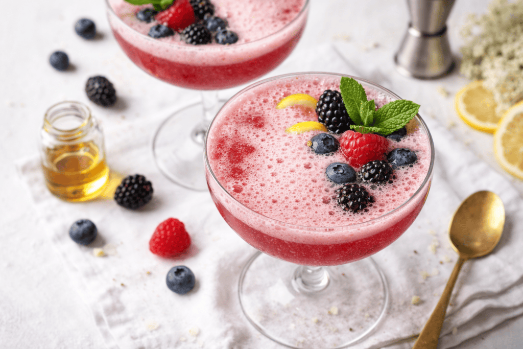 Refreshing berry cocktail with mixed berries, lemon slices, and mint leaves in elegant glassware.