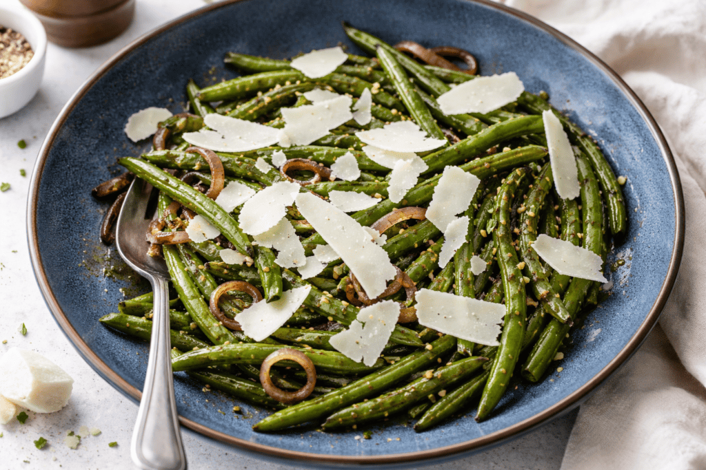 Delicious green bean pasta topped with shaved Parmesan cheese, perfect for a healthy and flavorful m.