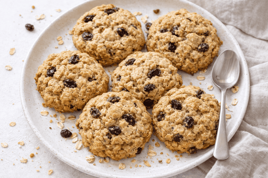 Oatmeal raisin cookies with oats and dried raisins on a white plate.