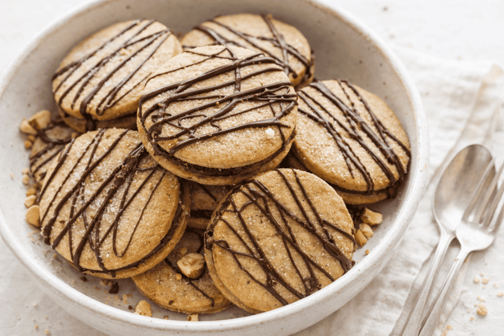 Delicious cookies topped with chocolate drizzle, served in a rustic bowl for a sweet treat. Perfect.