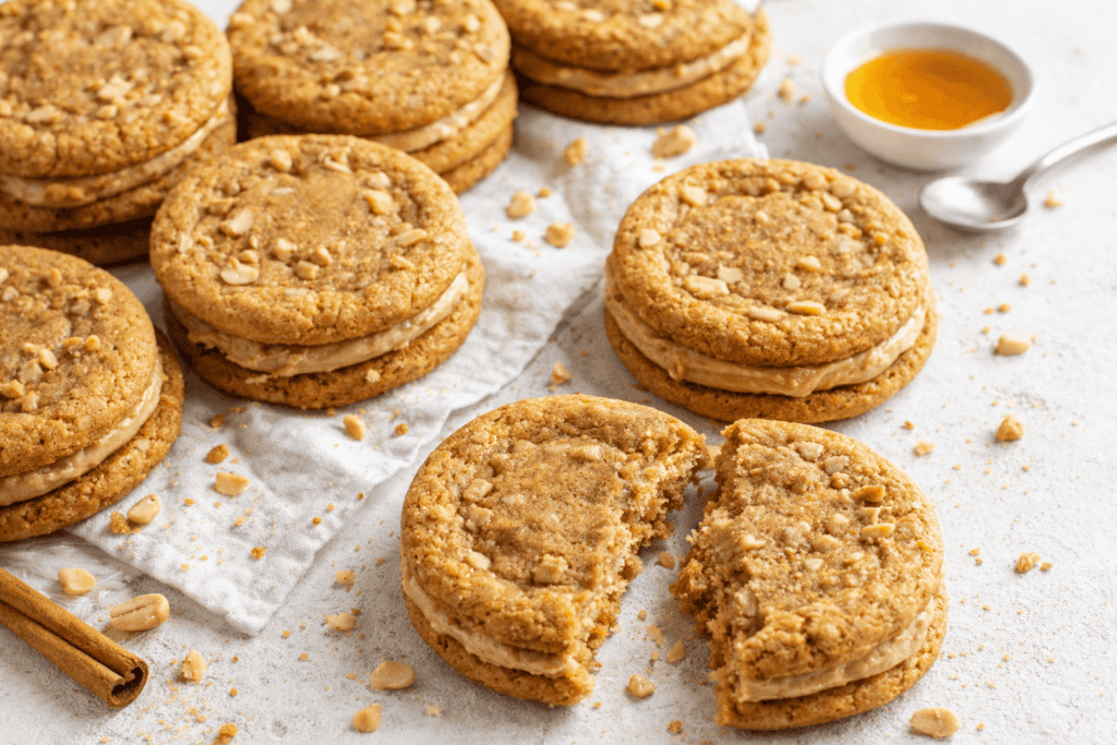 Delicious oatmeal cookies with nuts, served with honey and cinnamon sticks.