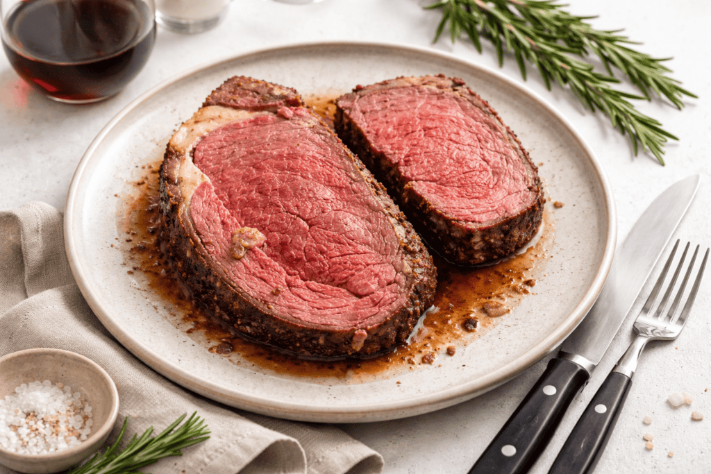 Juicy prime rib steak cooked to perfection, served on a white plate.