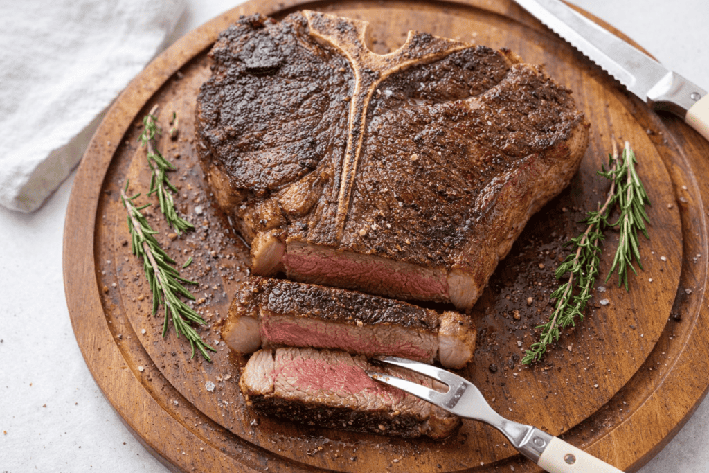 Prime rib steak cooked to perfection with a flavorful crust and tender interior. Ideal for special o.