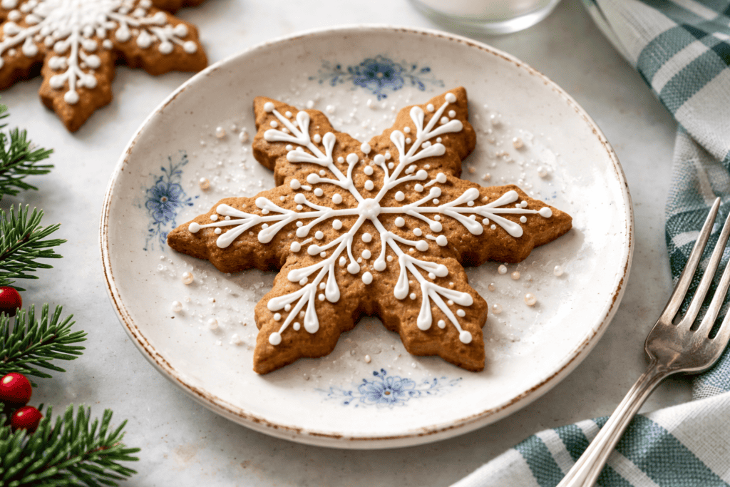 Delicious gingerbread snowflake cookie decorated with white icing, perfect for holiday celebrations.