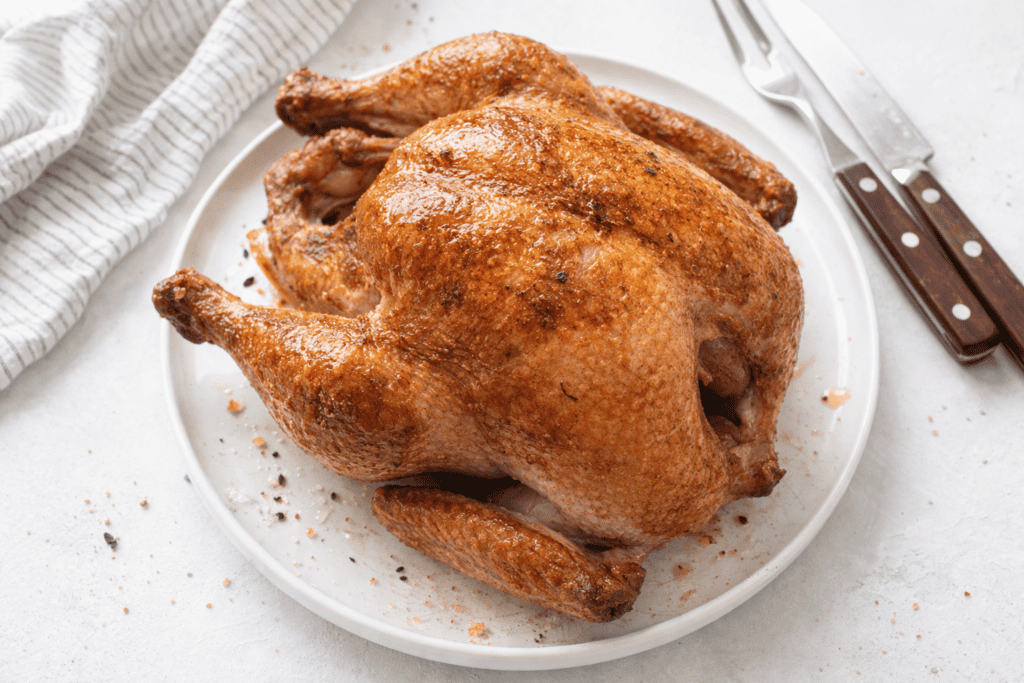 Freshly cooked roasted whole chicken on a white plate.