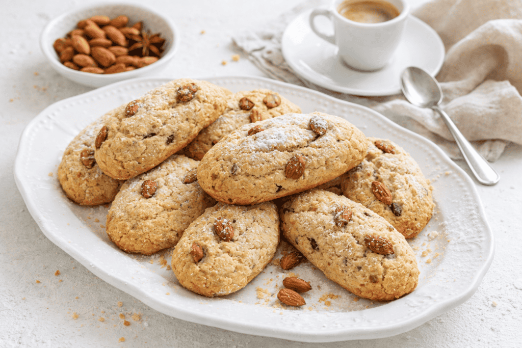 Almond cookies with almonds, powdered sugar, and a cozy coffee setup.
