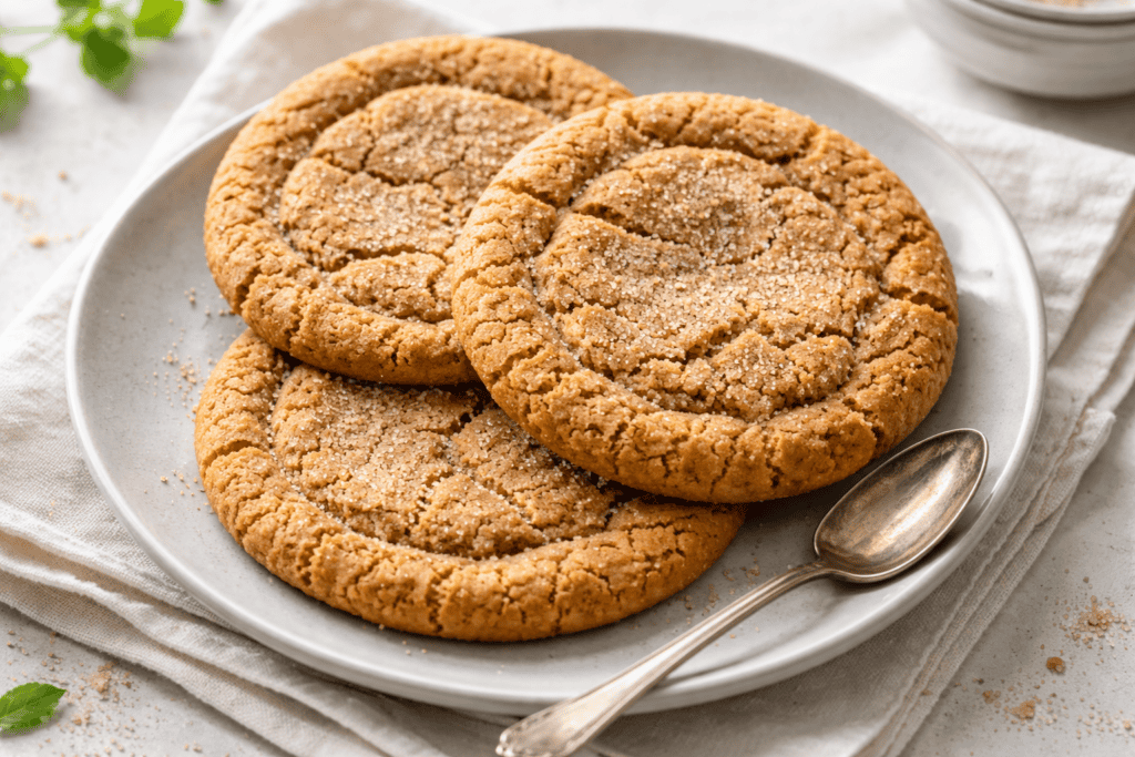 Delicious homemade peanut butter cookies on a white plate with a spoon.