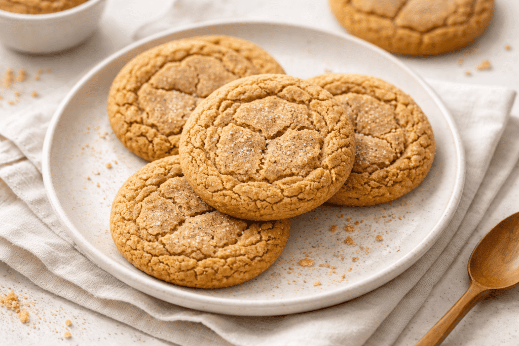 Freshly baked ginger cookies on a white plate with a rustic background.