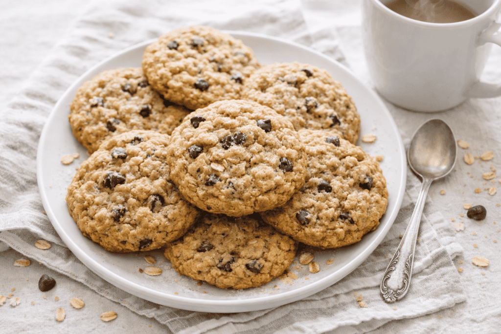 Delicious homemade chocolate chip cookies with gooey chocolate chunks, served on a white plate with.