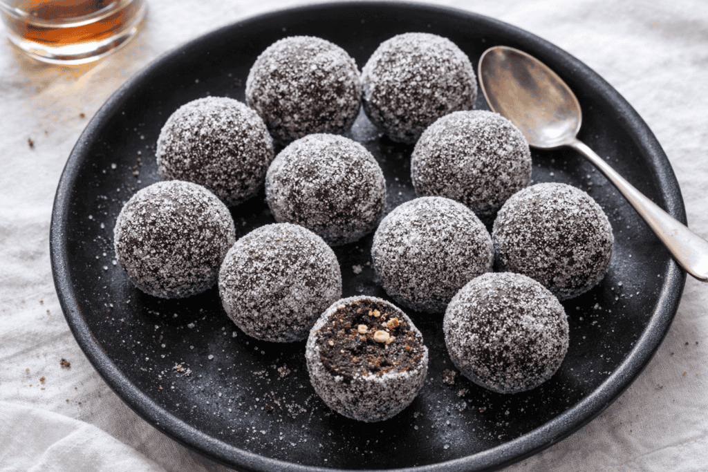 Delicious chocolate truffles coated with cocoa powder on a black plate. Perfect for sweet cravings a.