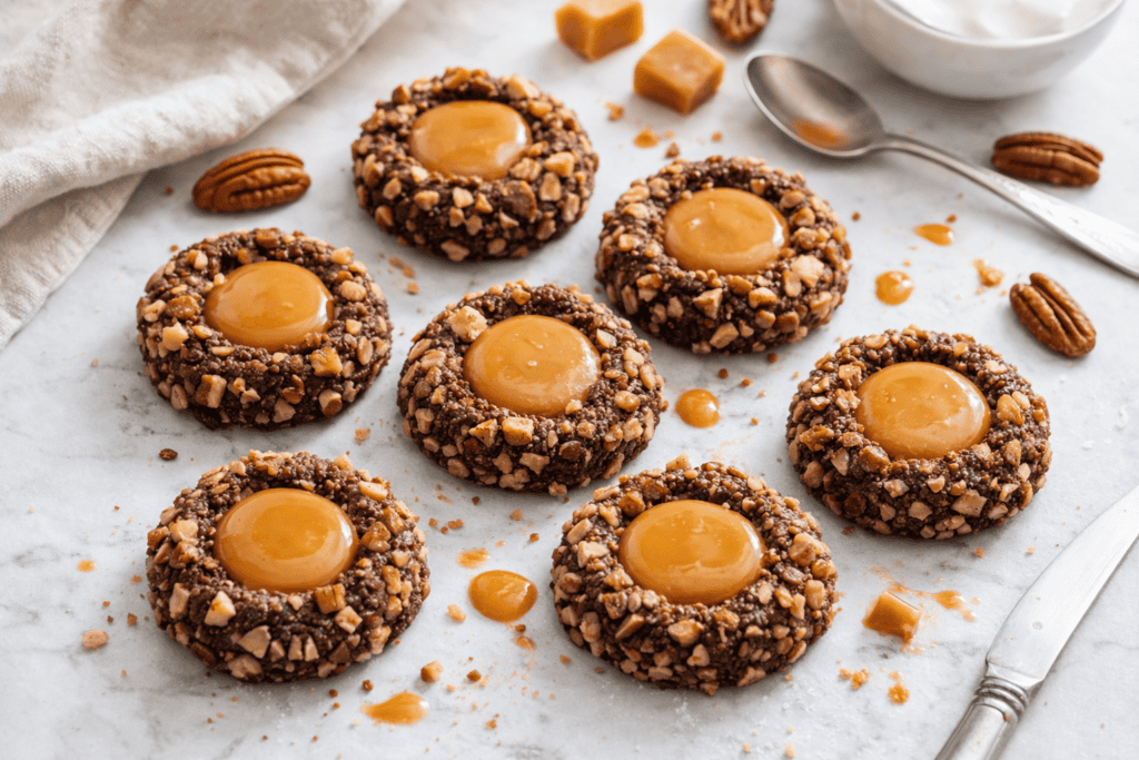 Delicious caramel pecan cookies topped with chopped nuts and gooey caramel centers, perfect for swee.