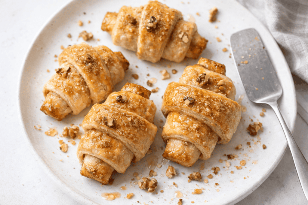 Delicious mini croissants topped with crunchy streusel, perfect for breakfast or snacks. Freshly bak.