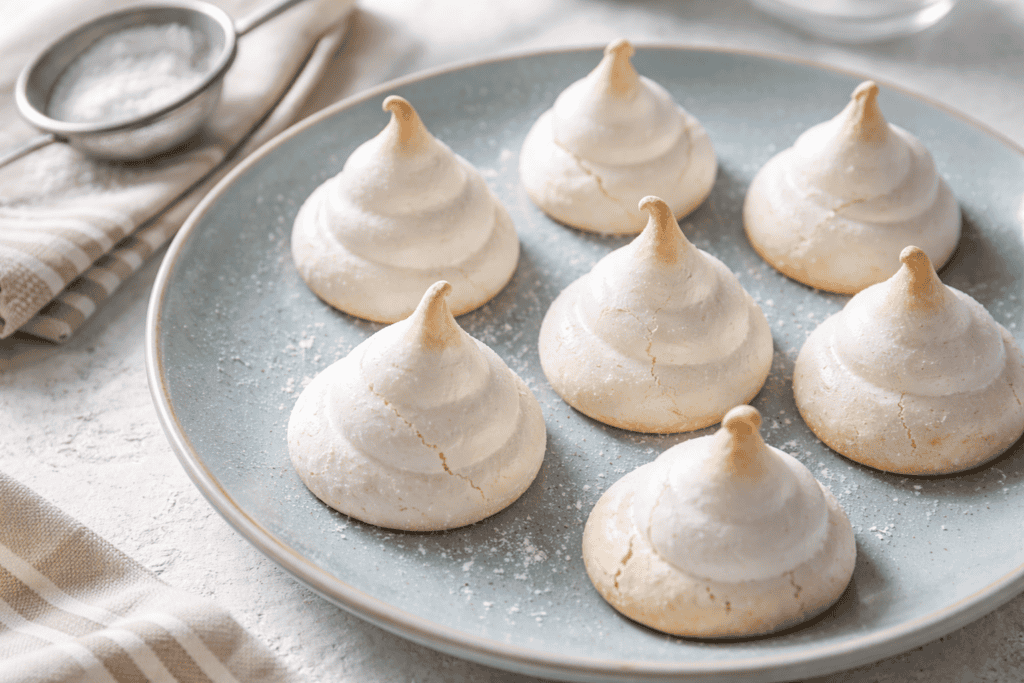Delicious mini lemon meringue cookies on a blue plate, perfect for desserts.