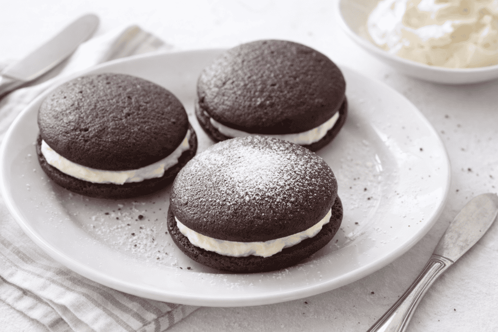 Chocolate whoopie pies with cream filling on a white plate.