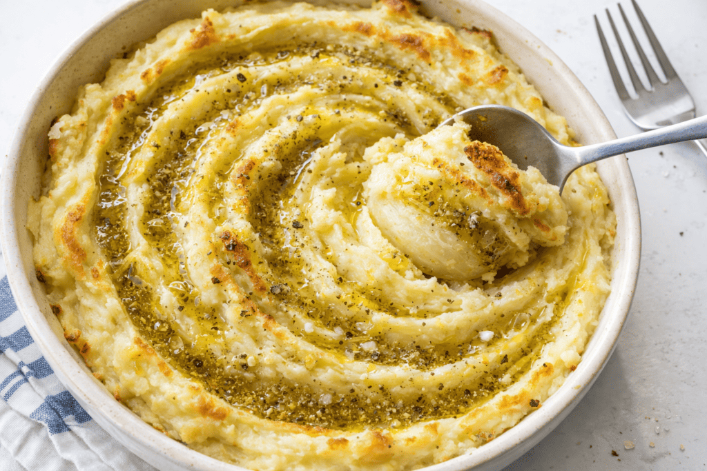 Creamy mashed potatoes topped with herb butter and black pepper.