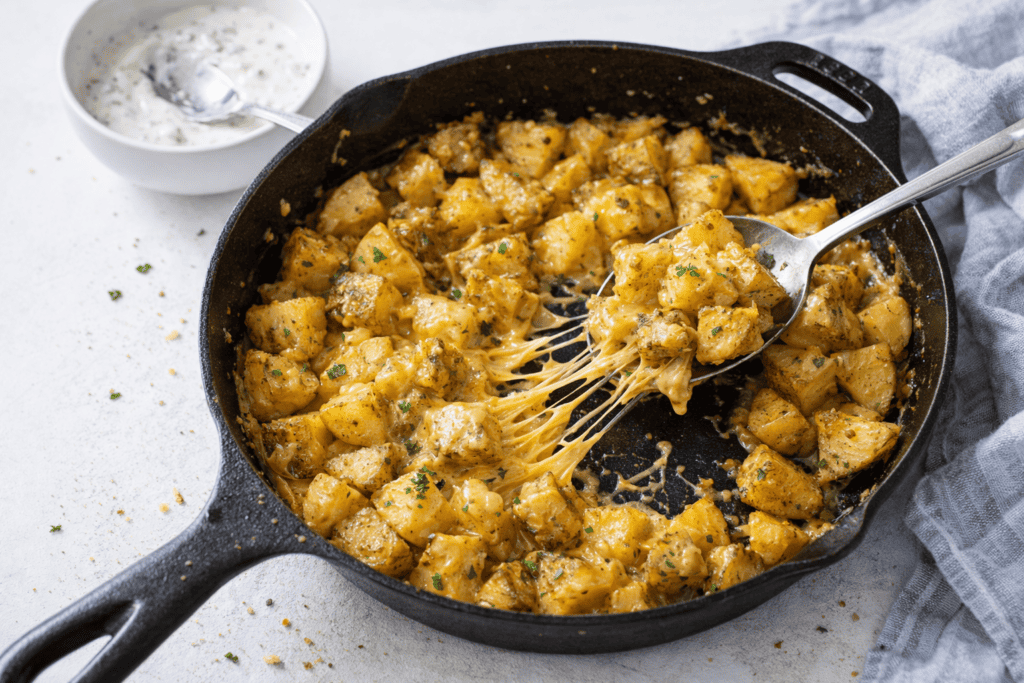 Delicious creamy chicken and potato skillet with melted cheese and herbs.