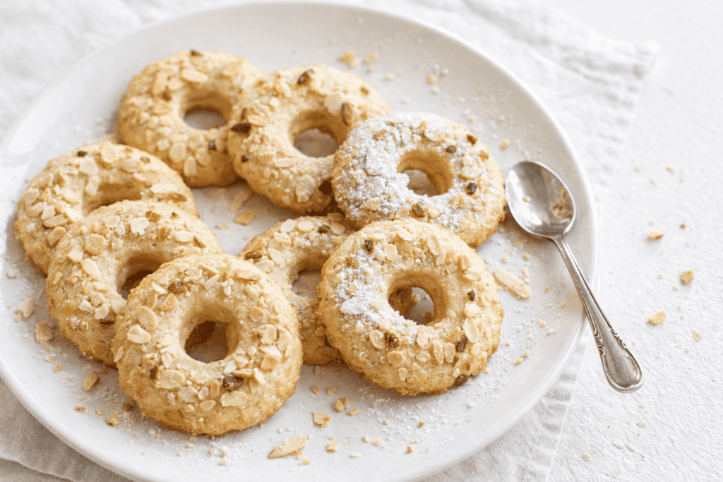 Almond cookies with a crumbly texture and almond toppings on a white plate.