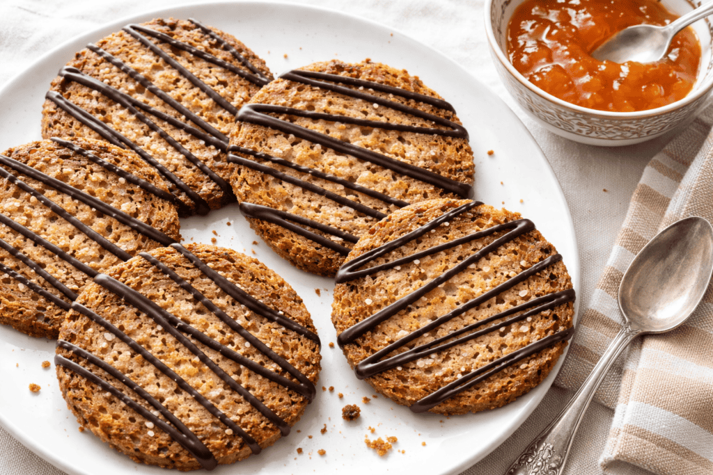 Oatmeal cookies topped with chocolate drizzle, served on a white plate with a side of fruit jam.
