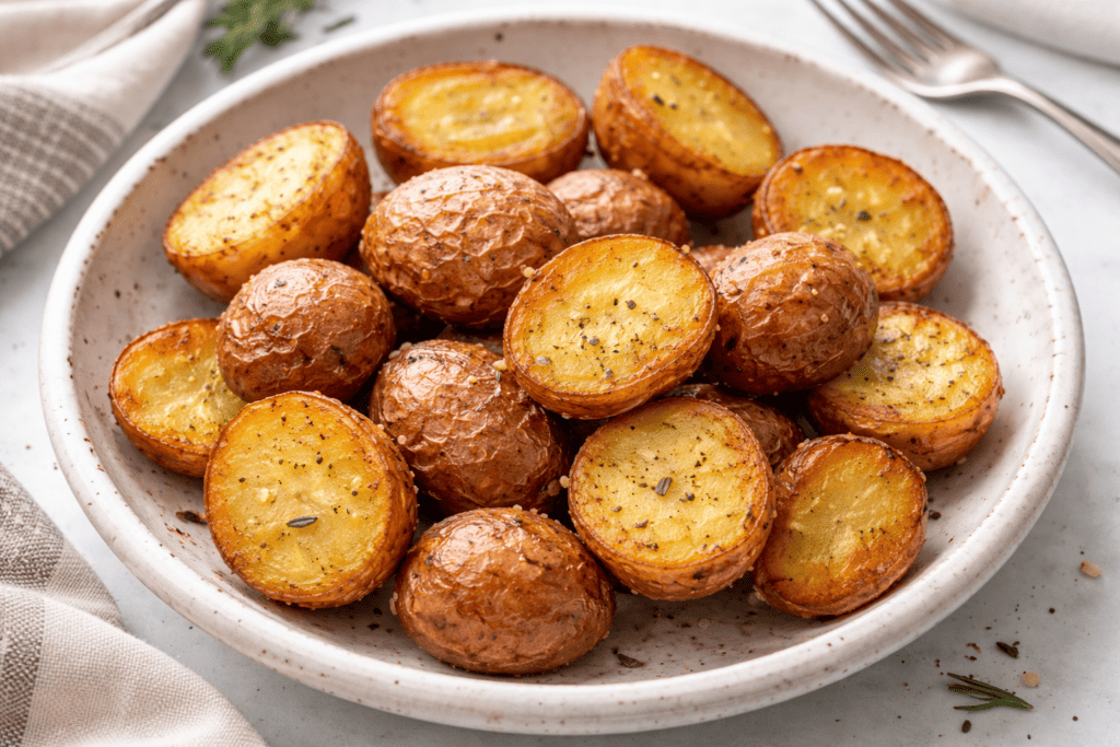 Roasted baby potatoes with crispy skin and tender insides, perfect for healthy meals and snack optio.