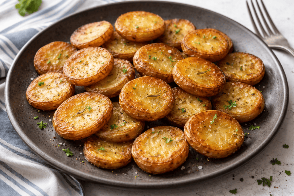 Roasted garlic potatoes with herbs, perfect for side dishes or snacks.