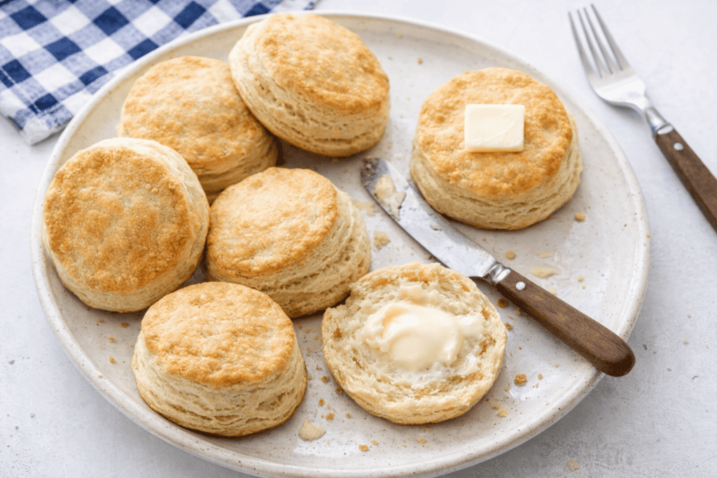 Freshly baked scones with butter on a white plate, ready to serve.