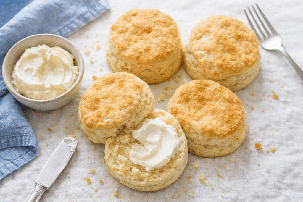 Delicious homemade scones served with clotted cream and butter, perfect for breakfast or tea time.
