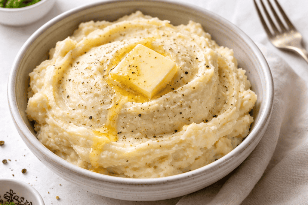 Bowl of creamy mashed potatoes topped with butter and black pepper.