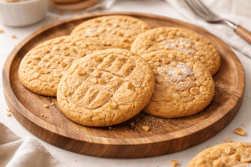 Assorted cookies including peanut butter, sugar, and almond varieties on a rustic wooden plate. Perf.