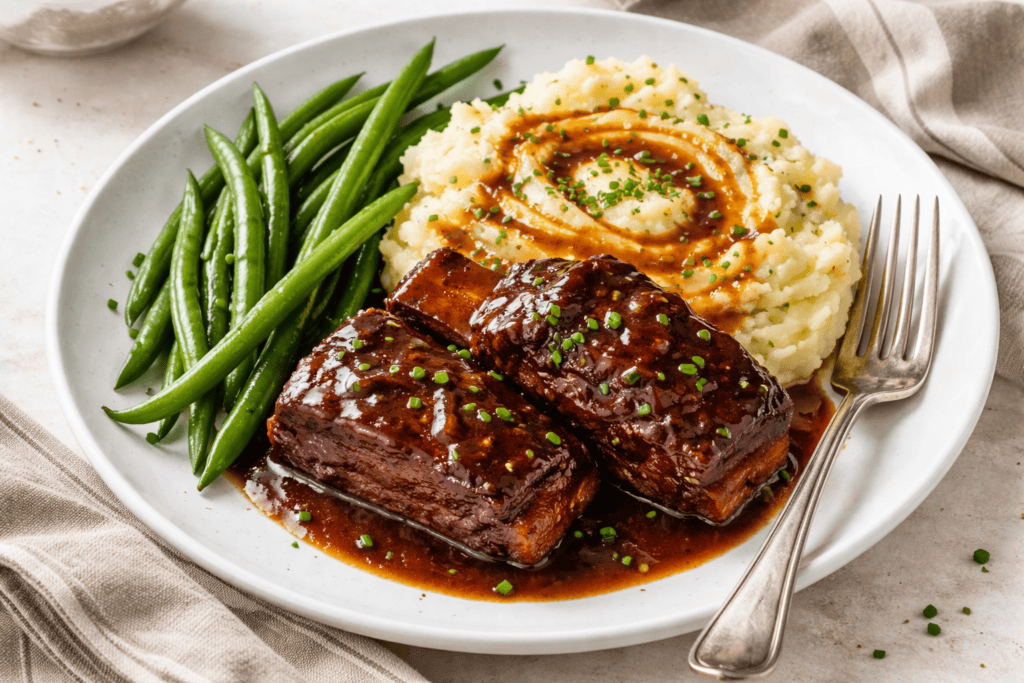 Juicy beef steaks with mashed potatoes and green beans on a white plate.