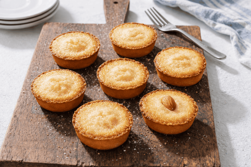 Delicious mini lemon tarts topped with almonds on a rustic wooden board. Perfect for desserts or tea.