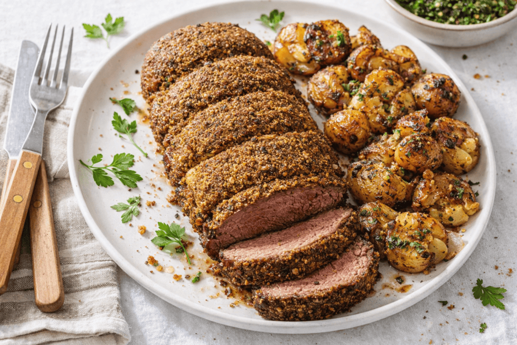 Delicious breaded beef roast sliced, served with roasted potatoes and herbs on a white plate. Perfec.