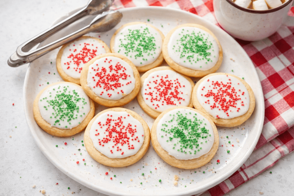 Delicious holiday sugar cookies decorated with red and green sprinkles on a white plate. Perfect for.