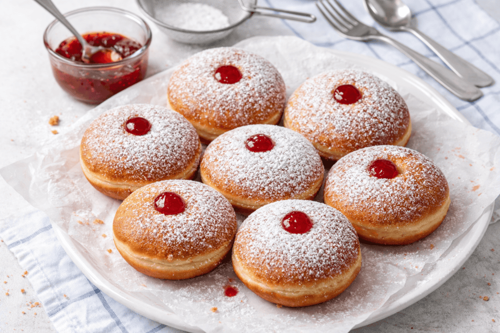 Freshly baked donuts dusted with powdered sugar and topped with cherry jam. Perfect for breakfast or.