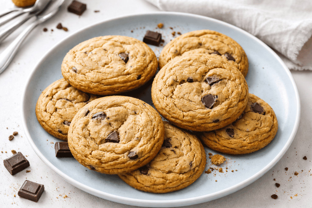 Delicious homemade chocolate chip cookies with gooey chocolate chunks, perfect for snacking or desse.