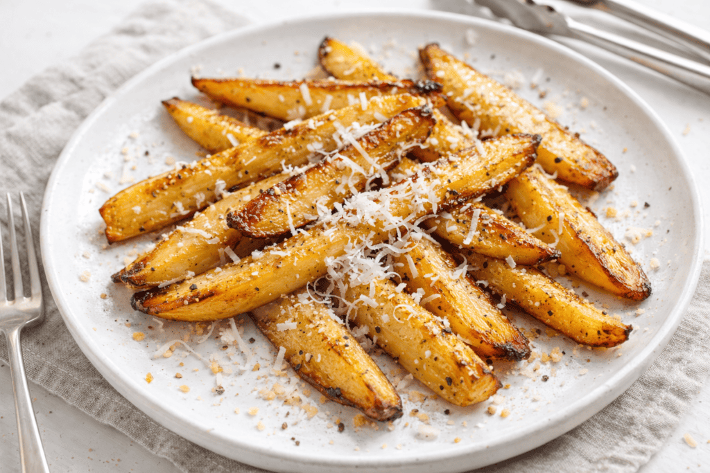 Crispy baked potato wedges topped with grated cheese on a white plate.