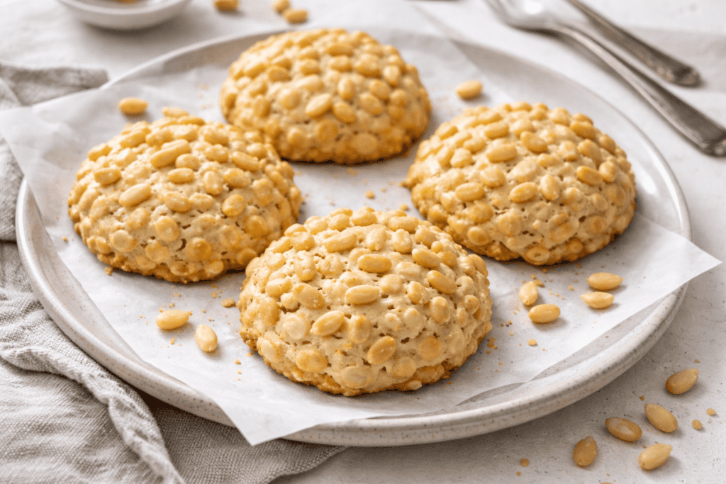 Freshly baked white chocolate macadamia cookies on a white plate.