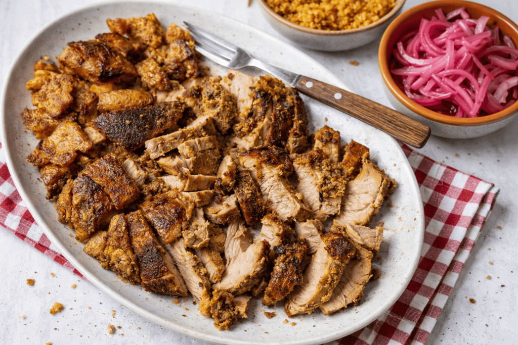 Juicy, crispy fried pork shoulder served with pickled onions and side dishes.