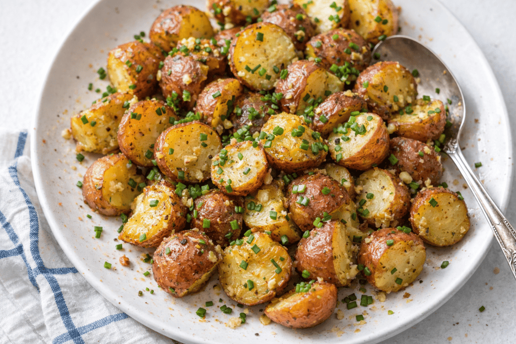 Crispy roasted baby potatoes garnished with chives on a white plate.