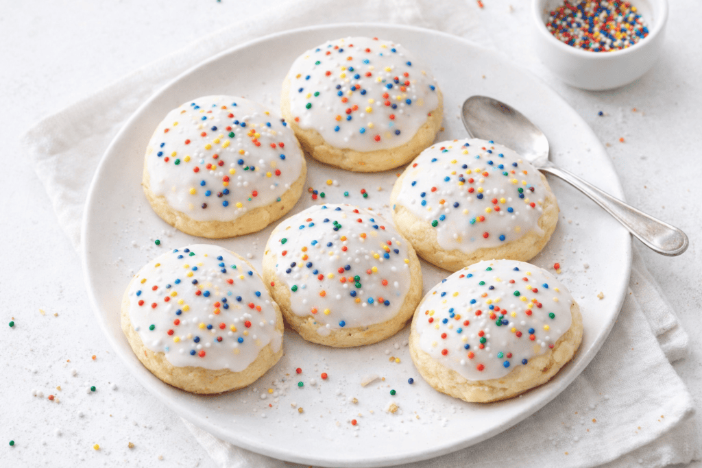 Delicious sugar cookies topped with white icing and colorful sprinkles, perfect for celebrations.