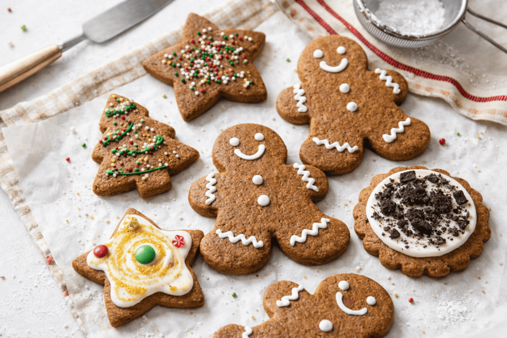 Delicious homemade gingerbread cookies decorated with colorful icing and sprinkles, perfect for holi.