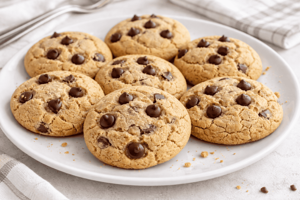 Freshly baked chocolate chip cookies on a white plate.